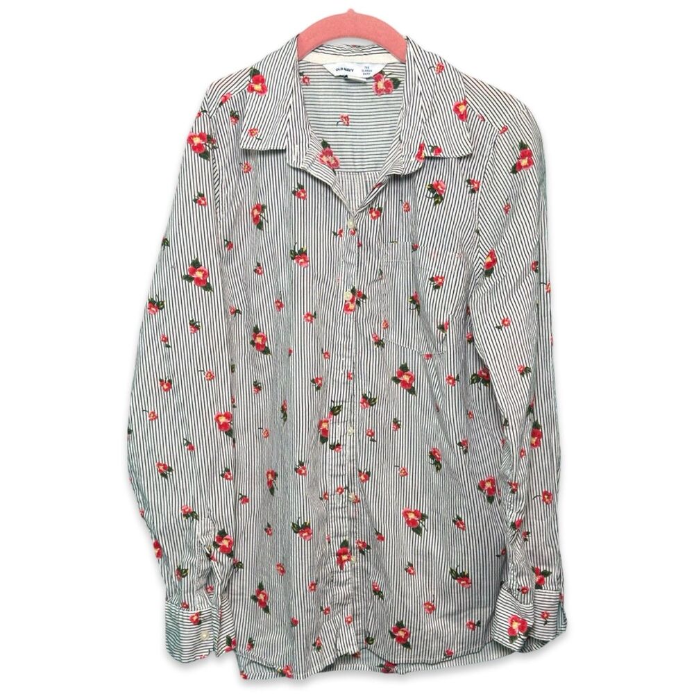 Old Navy Floral Pinstripe Button-Down M - Rose Print Cottagecore Classic